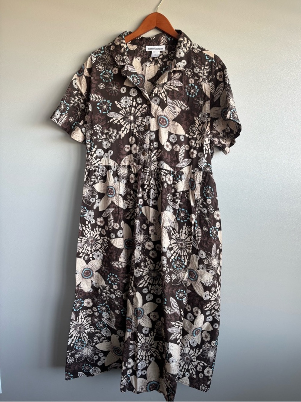 Serengeti Brown Tan Floral Full Button Short Sleeve Cotton Collar Midi Dress 2X